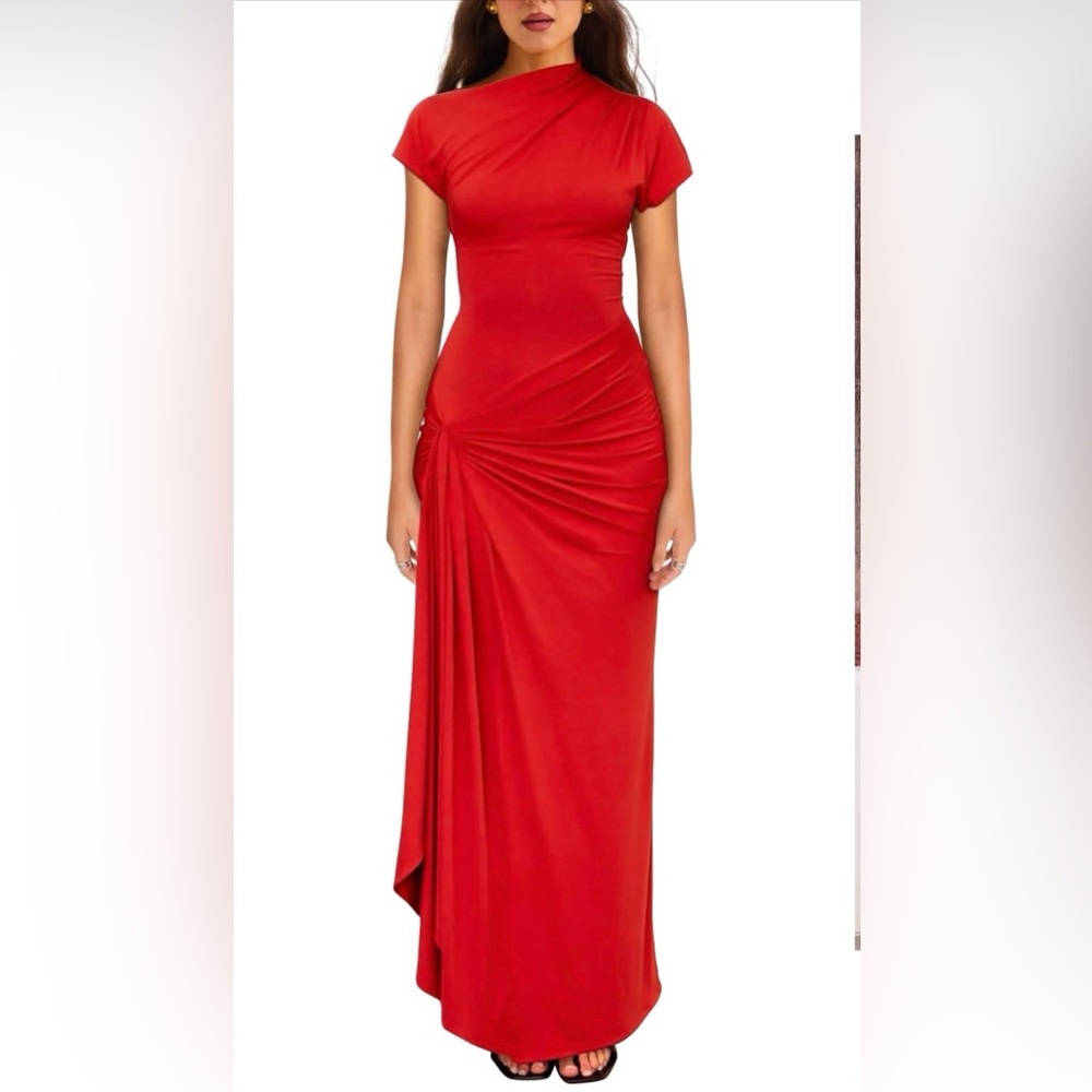 Women's Casual Short Sleeve Boat Neck Ruched High Split Bodycon Long Party Dress